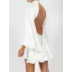 Solid Color High-Neck Backless Flared Sleeves Mini Dress