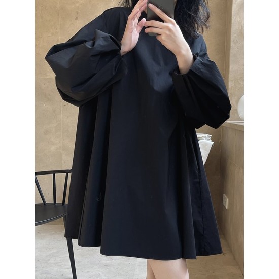 Urban Puff Sleeves Solid Color Round-Neck Mini Dress