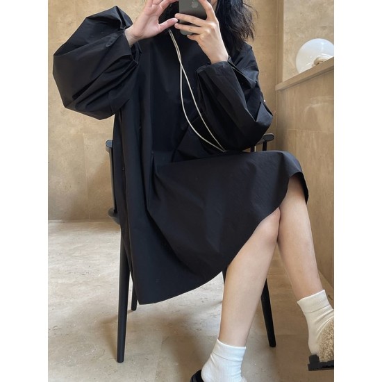 Urban Puff Sleeves Solid Color Round-Neck Mini Dress