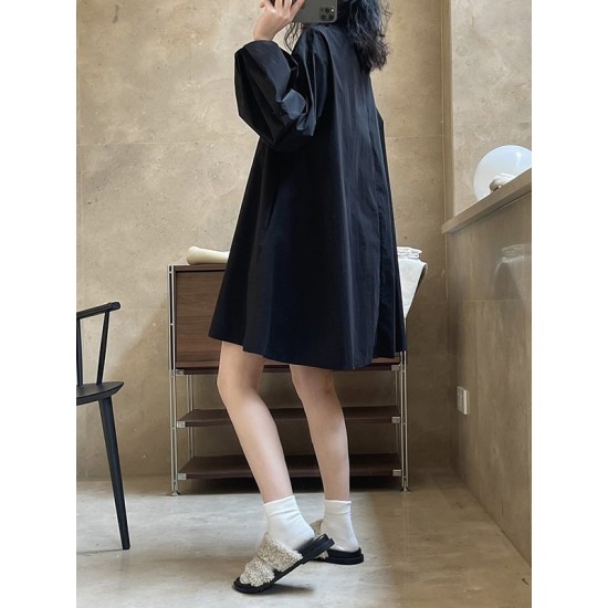 Urban Puff Sleeves Solid Color Round-Neck Mini Dress