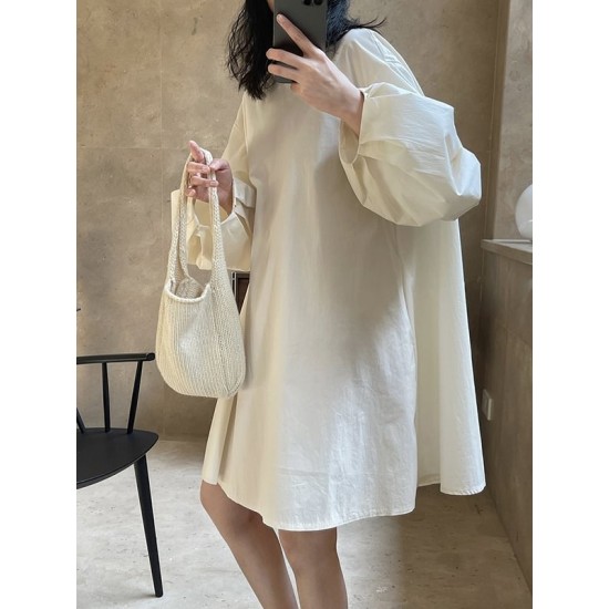 Urban Puff Sleeves Solid Color Round-Neck Mini Dress