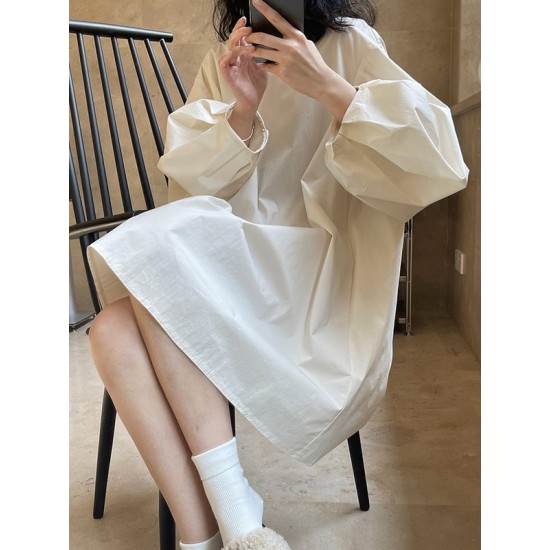 Urban Puff Sleeves Solid Color Round-Neck Mini Dress