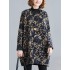 Artistic Retro Loose Long Sleeves Keep Warm Floral Printed High-Neck Mini Dresses