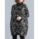 Artistic Retro Loose Long Sleeves Keep Warm Floral Printed High-Neck Mini Dresses