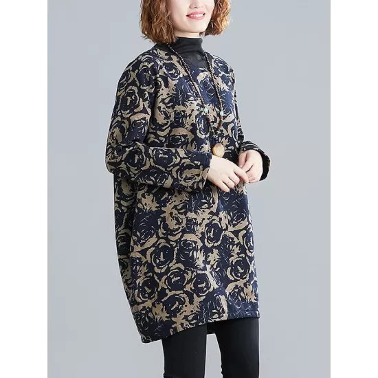 Artistic Retro Loose Long Sleeves Keep Warm Floral Printed High-Neck Mini Dresses