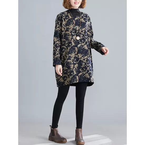 Artistic Retro Loose Long Sleeves Keep Warm Floral Printed High-Neck Mini Dresses