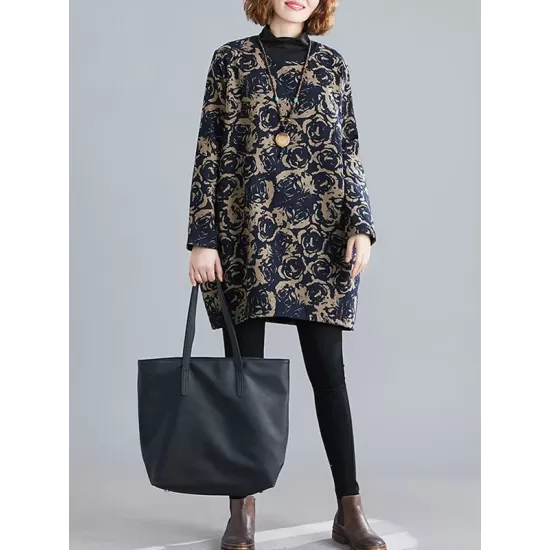 Artistic Retro Loose Long Sleeves Keep Warm Floral Printed High-Neck Mini Dresses