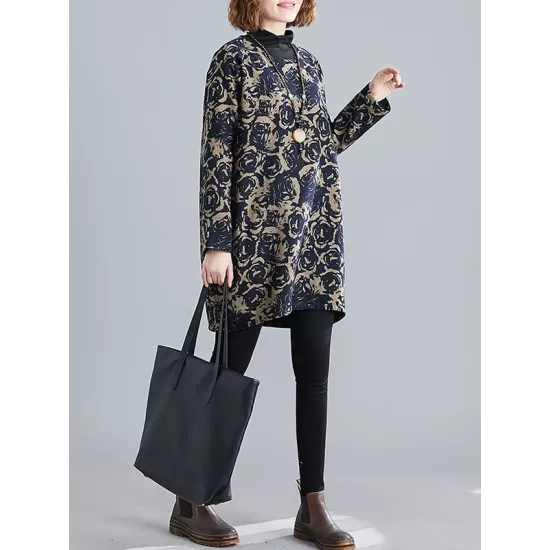 Artistic Retro Loose Long Sleeves Keep Warm Floral Printed High-Neck Mini Dresses