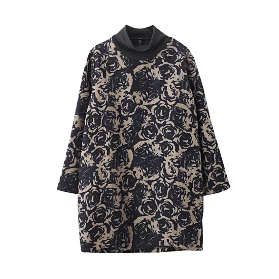 Artistic Retro Loose Long Sleeves Keep Warm Floral Printed High-Neck Mini Dresses