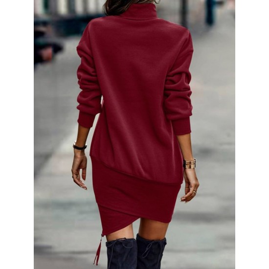 Casual Long Sleeves Solid Color High-Neck Mini Dresses