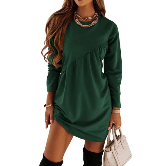 Casual Loose Long Sleeves Solid Color Round-Neck Mini Dresses