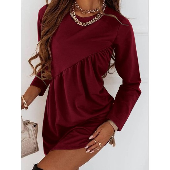 Casual Loose Long Sleeves Solid Color Round-Neck Mini Dresses