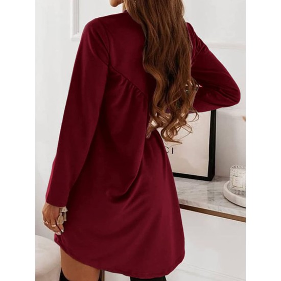 Casual Loose Long Sleeves Solid Color Round-Neck Mini Dresses