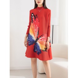 Casual Long Sleeves Loose Contrast Color Printed Pleated Beaded Stand Collar Mini Dresses