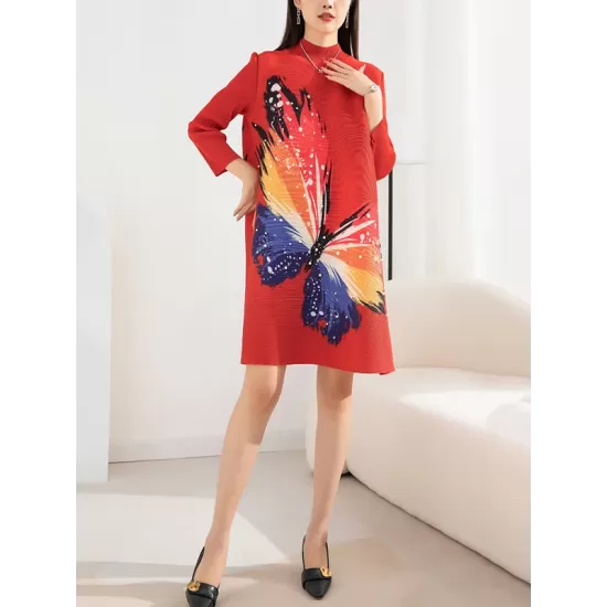 Casual Long Sleeves Loose Contrast Color Printed Pleated Beaded Stand Collar Mini Dresses