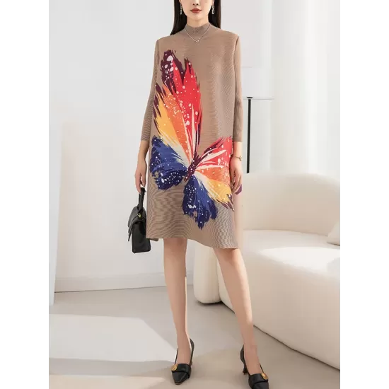 Casual Long Sleeves Loose Contrast Color Printed Pleated Beaded Stand Collar Mini Dresses