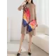 Casual Long Sleeves Loose Contrast Color Printed Pleated Beaded Stand Collar Mini Dresses