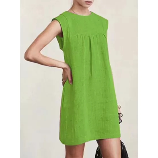 Casual Cap Sleeve Loose Solid Color Round-Neck Mini Dresses