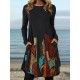 Casual Long Sleeves Loose Contrast Color Printed Round-Neck Mini Dresses