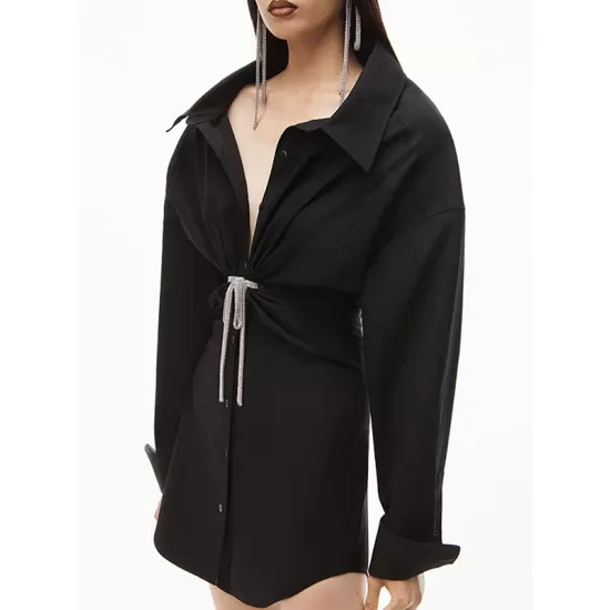 Solid Color High Waisted Long Sleeves Lapel Shirt Dress Mini Dresses