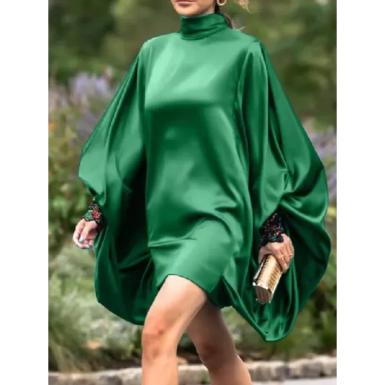 Going Out Loose Batwing Sleeves Buttoned Solid Color Mini Dresses