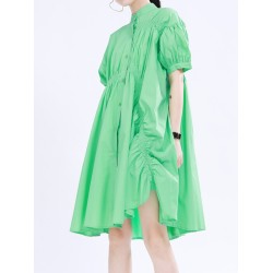 Asymmetric Pleated Solid Color Loose Short Sleeves Stand Collar Shirt Dress Mini Dresses