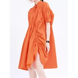 Asymmetric Pleated Solid Color Loose Short Sleeves Stand Collar Shirt Dress Mini Dresses