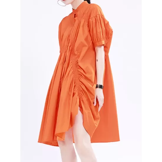 Asymmetric Pleated Solid Color Loose Short Sleeves Stand Collar Shirt Dress Mini Dresses