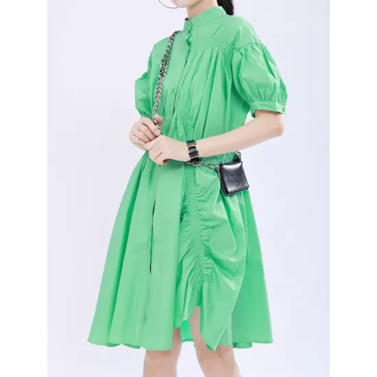 Asymmetric Pleated Solid Color Loose Short Sleeves Stand Collar Shirt Dress Mini Dresses