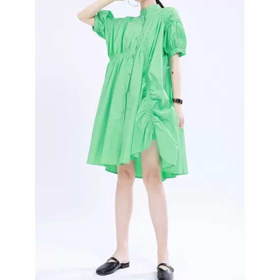 Asymmetric Pleated Solid Color Loose Short Sleeves Stand Collar Shirt Dress Mini Dresses