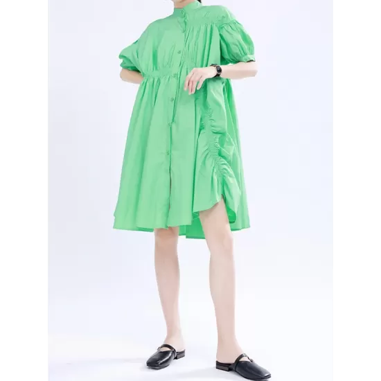 Asymmetric Pleated Solid Color Loose Short Sleeves Stand Collar Shirt Dress Mini Dresses