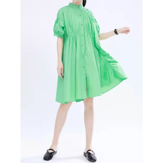 Asymmetric Pleated Solid Color Loose Short Sleeves Stand Collar Shirt Dress Mini Dresses