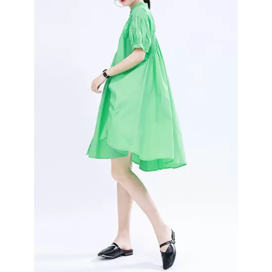 Asymmetric Pleated Solid Color Loose Short Sleeves Stand Collar Shirt Dress Mini Dresses