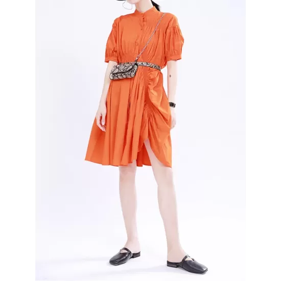 Asymmetric Pleated Solid Color Loose Short Sleeves Stand Collar Shirt Dress Mini Dresses