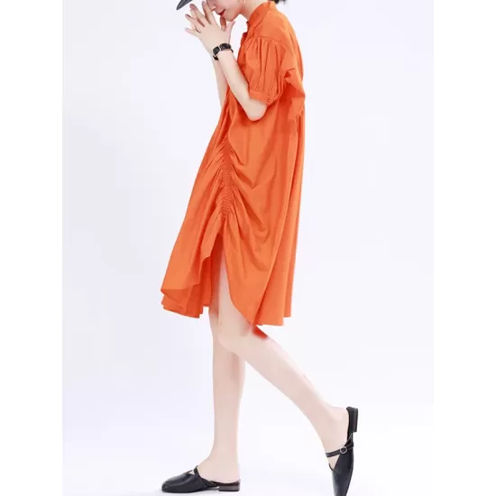 Asymmetric Pleated Solid Color Loose Short Sleeves Stand Collar Shirt Dress Mini Dresses