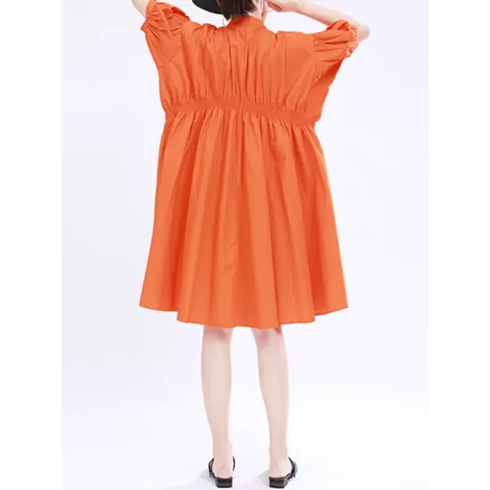 Asymmetric Pleated Solid Color Loose Short Sleeves Stand Collar Shirt Dress Mini Dresses