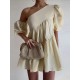 Loose Puff Sleeves Asymmetric Solid Color One-Shoulder Mini Dresses