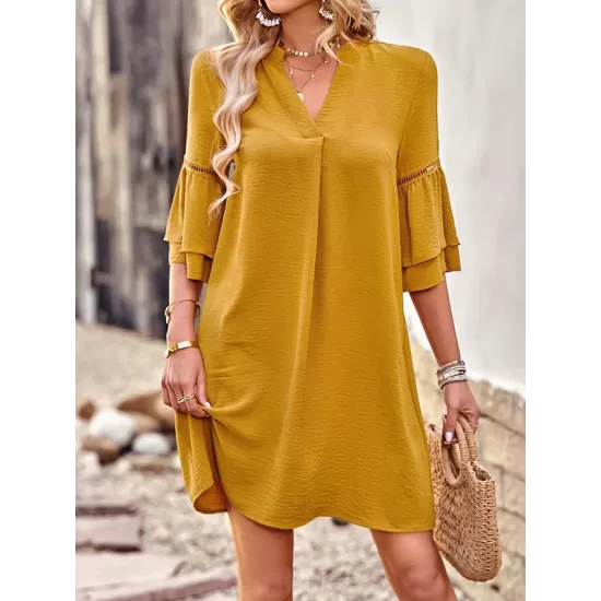 Falbala Solid Color Loose Short Sleeves V-Neck Mini Dresses