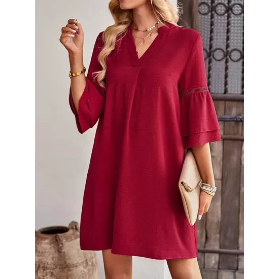 Falbala Solid Color Loose Short Sleeves V-Neck Mini Dresses