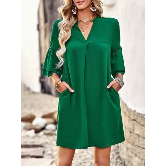 Falbala Solid Color Loose Short Sleeves V-Neck Mini Dresses