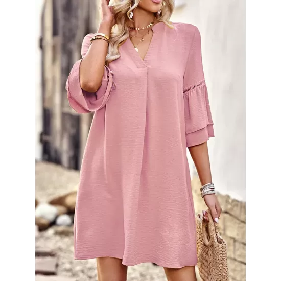 Falbala Solid Color Loose Short Sleeves V-Neck Mini Dresses