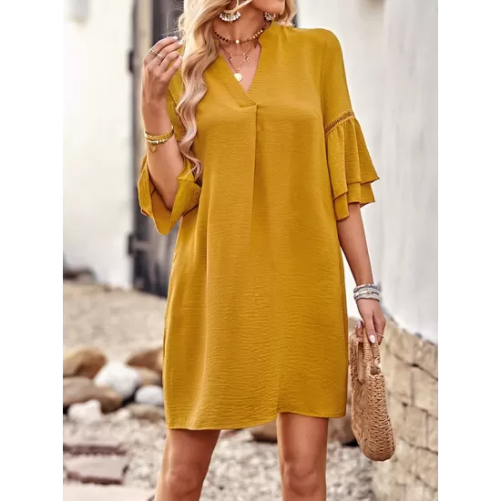 Falbala Solid Color Loose Short Sleeves V-Neck Mini Dresses