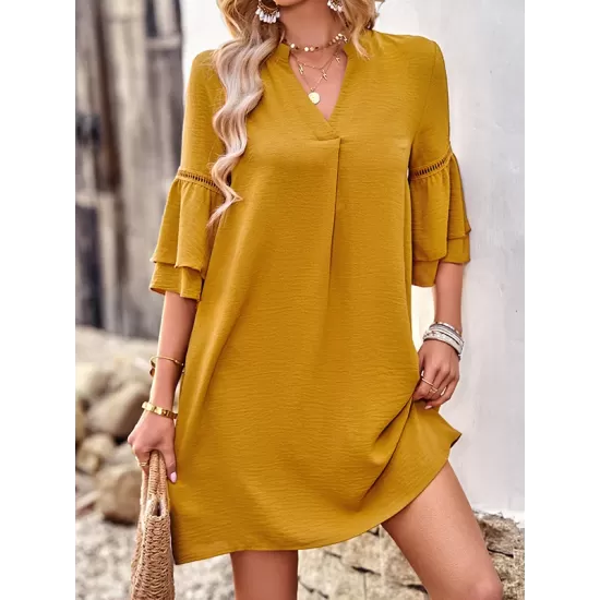 Falbala Solid Color Loose Short Sleeves V-Neck Mini Dresses