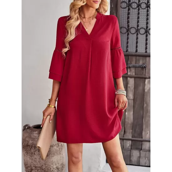 Falbala Solid Color Loose Short Sleeves V-Neck Mini Dresses