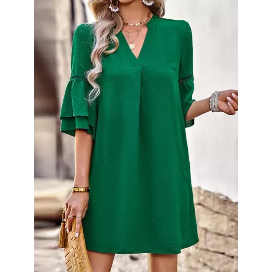 Falbala Solid Color Loose Short Sleeves V-Neck Mini Dresses