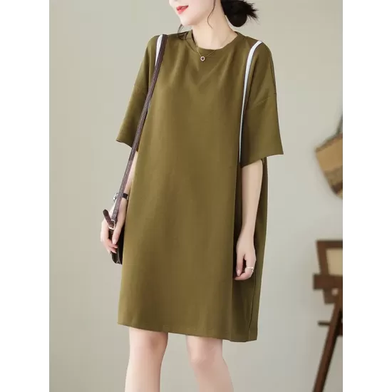 Split-Joint Loose Short Sleeves Round-Neck Mini Dresses