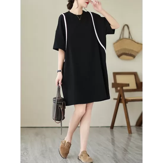 Split-Joint Loose Short Sleeves Round-Neck Mini Dresses