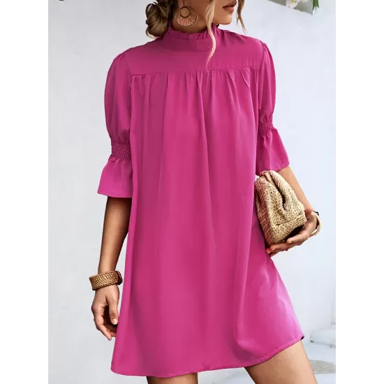 Solid Color Half Sleeves Loose High-Neck Mini Dresses