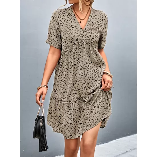 Flower Print Split-Joint Short Sleeves V-Neck Mini Dresses