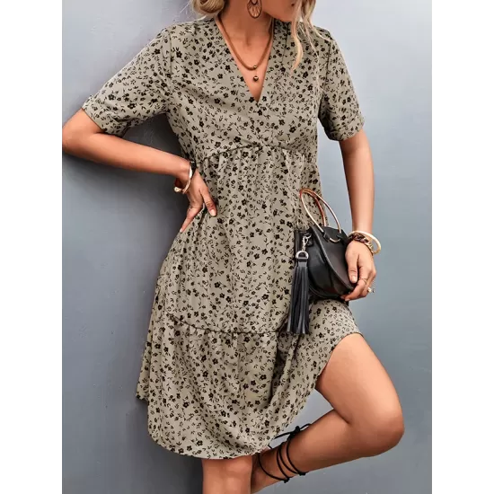 Flower Print Split-Joint Short Sleeves V-Neck Mini Dresses